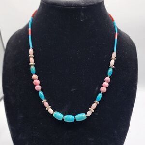 Blue pink & red beaded necklace